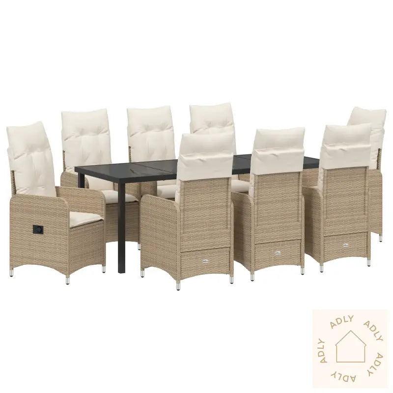 9 Delt Hage Spisebord Set Med Puter Beige Poly Rattan