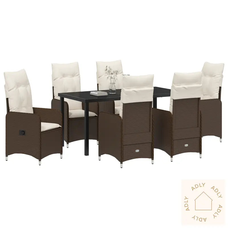 7 Delt Hage Spise Sett Med Puter Brun Poly Rattan