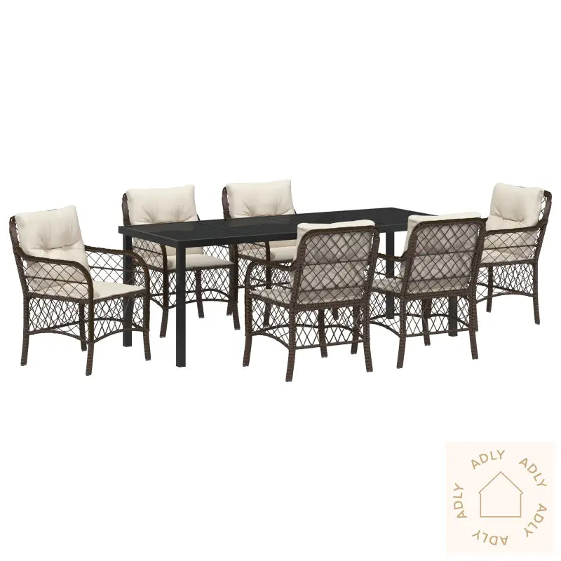 7 Delt Hage Spisestue Sett Med Puter Brun Poly Rattan