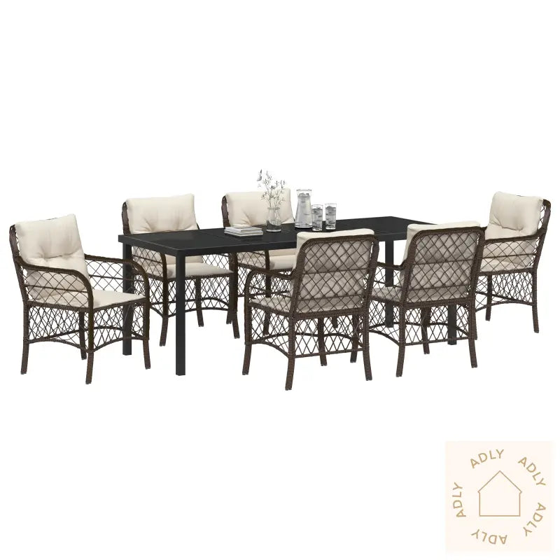 7 Delt Hage Spisestue Sett Med Puter Brun Poly Rattan