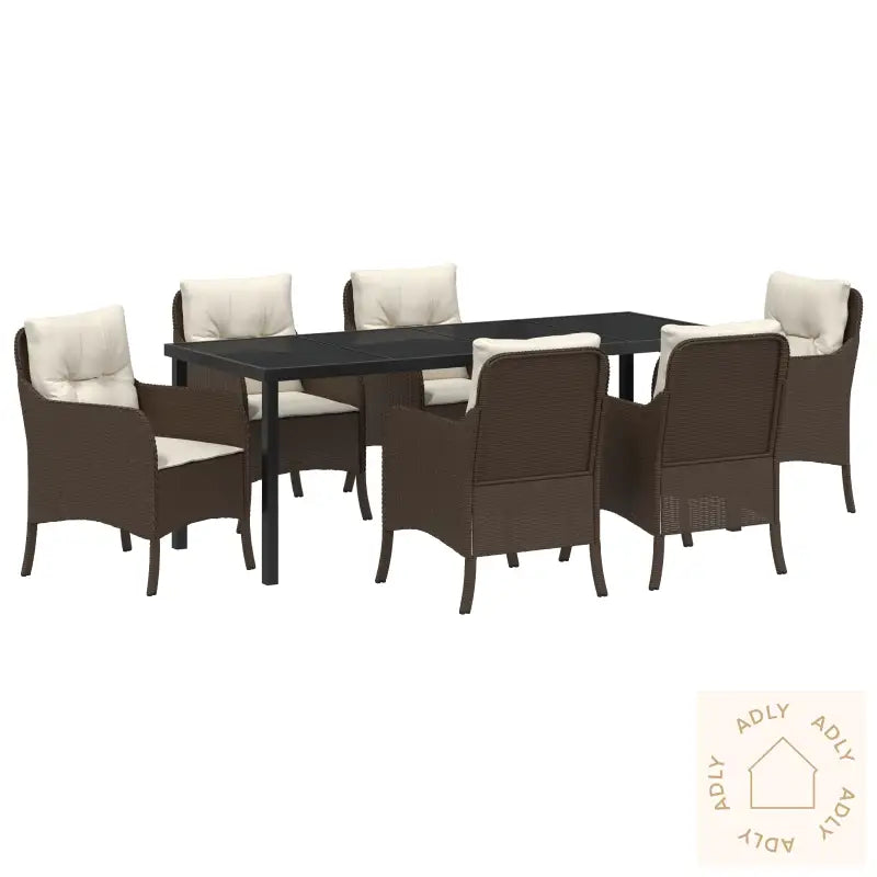 7 Deler Hage Spisebord Med Puter Brun Poly Rattan