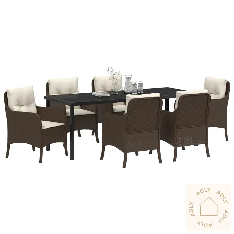 7 Deler Hage Spisebord Med Puter Brun Poly Rattan