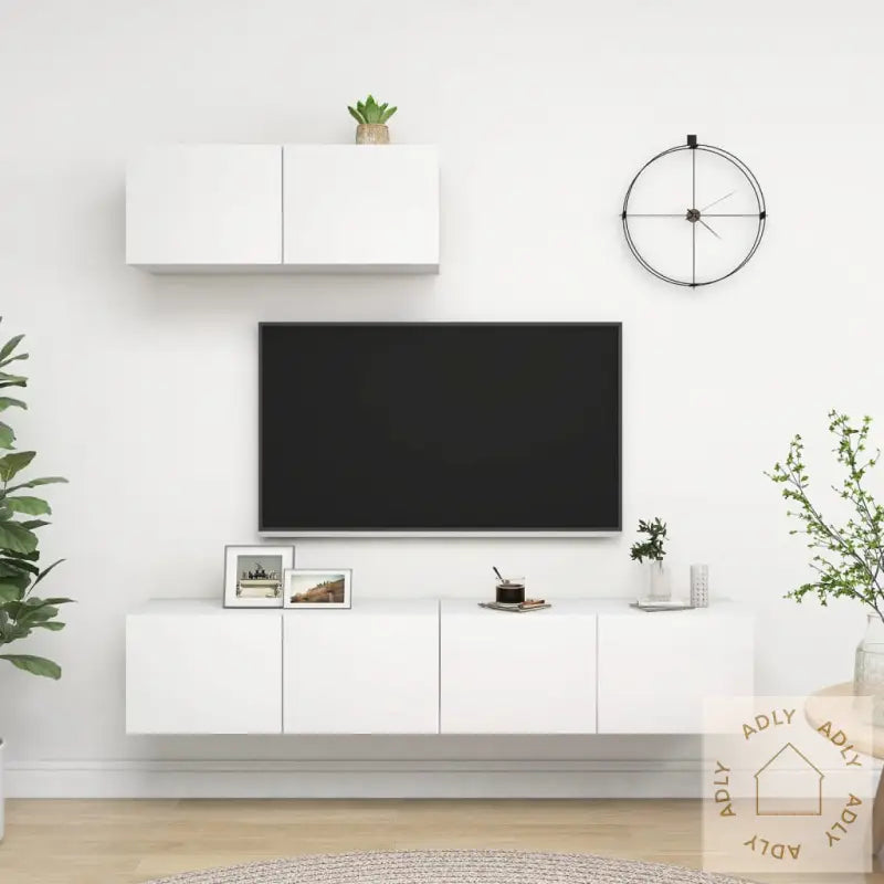 Tv-Benksett 3 Deler Hvit Konstruert Tre