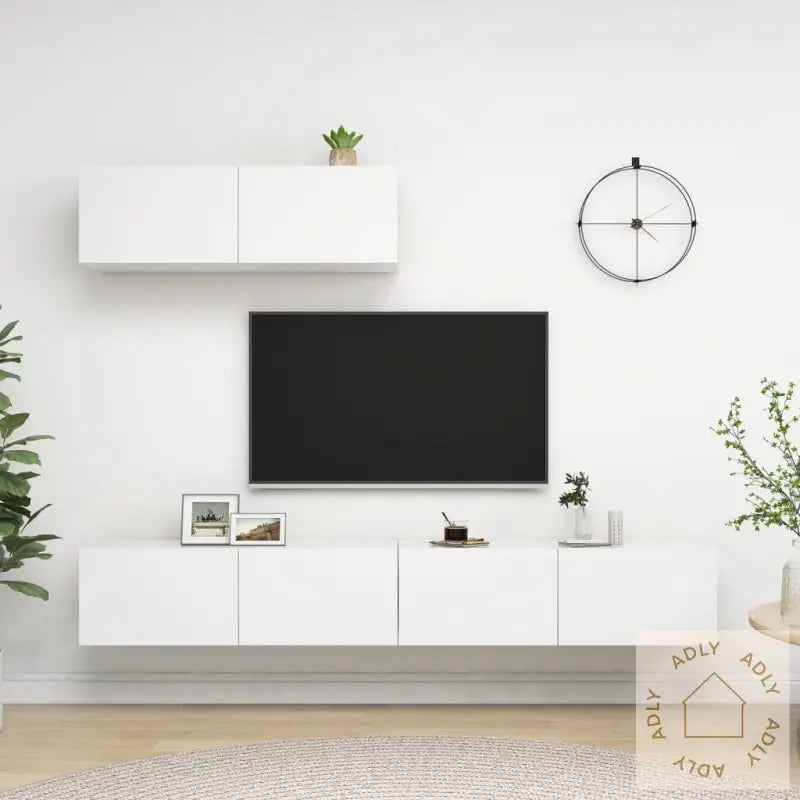 Tv-Benksett 3 Deler Hvit Konstruert Tre