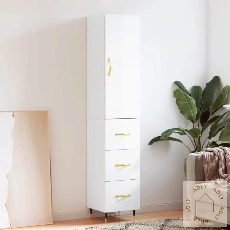 Highboard Høyglans Hvit 34,5X34X180 Cm Konstruert Tre