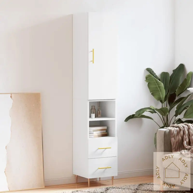 Highboard Høyglans Hvit 34,5X34X180 Cm Konstruert Tre