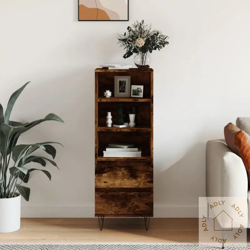 Highboard Røkt Eik 40X36X110 Cm Konstruert Tre