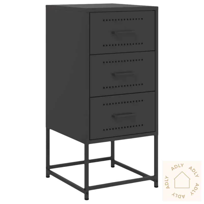 Dark gray metall nattbord med tre skuffer, industrielt nattbord robuste til soverommet