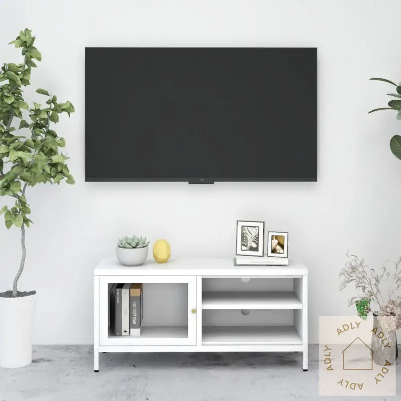 Tv-Benk Hvit 90X30X44 Cm Stål Og Glass