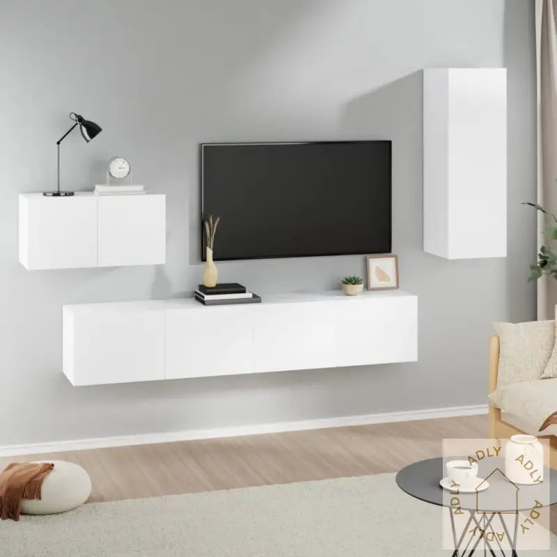 Tv-Skapsett 4 Deler Hvit Konstruert Tre