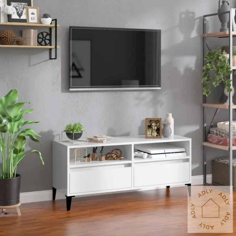 Tv-Benk Høyglans Hvit 100X34,5X44,5 Cm Konstruert Tre