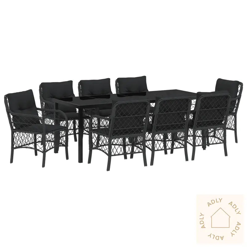 9 Delt Hage Spisestue Set Med Puter Svart Poly Rattan