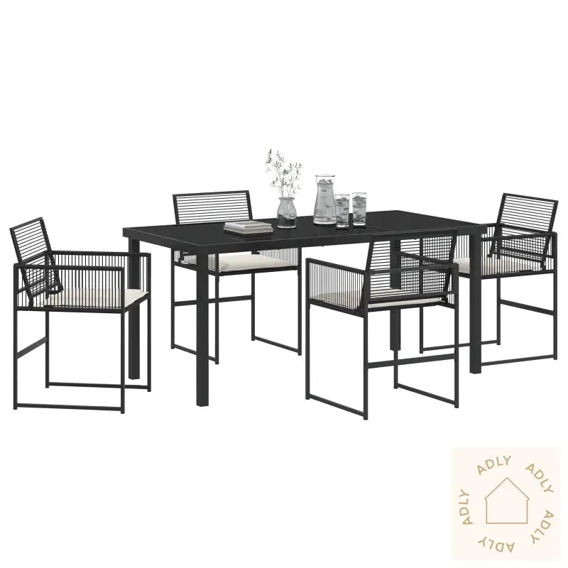 5 Delt Hage Spisestolsett Med Pute Svart Poly Rattan