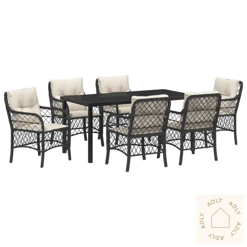7 Delt Hage Spisestue Med Puter Svart Poly Rattan