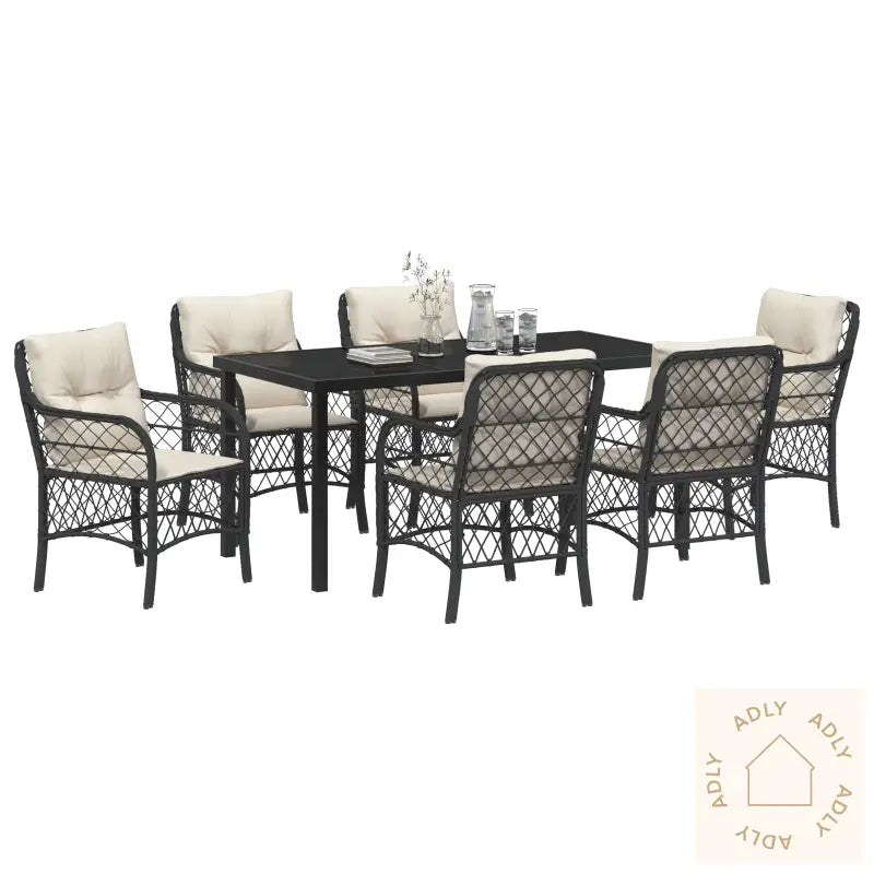 7 Delt Hage Spisestue Med Puter Svart Poly Rattan