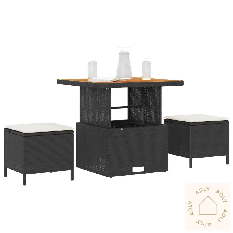 3-Delt Hage Spisebordsett Med Puter Svart Poly Rattan Acacia