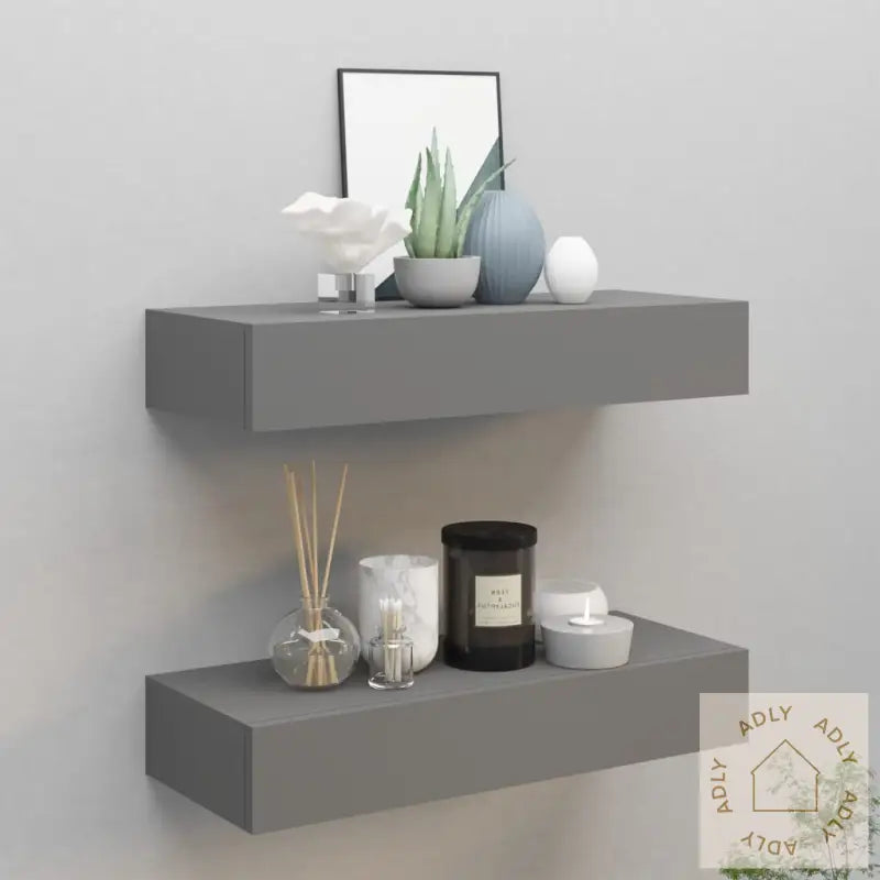 Veggmonterte Skuffehyller 2 Stk Grå 60X23,5X10 Cm Mdf