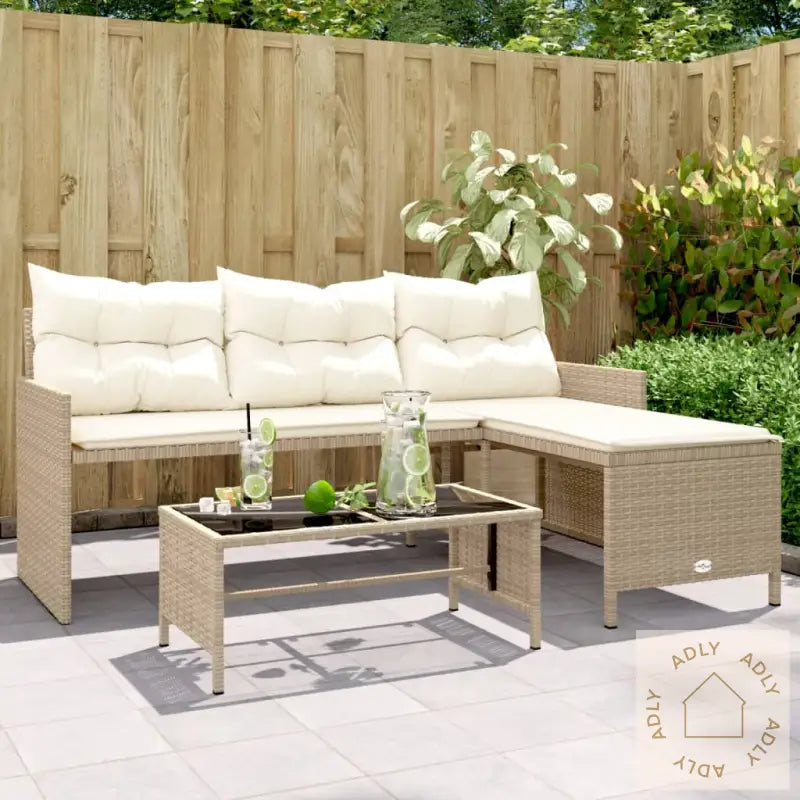 Hagesofa Med Bord Og Puter L-Formet Beige Polyrotting