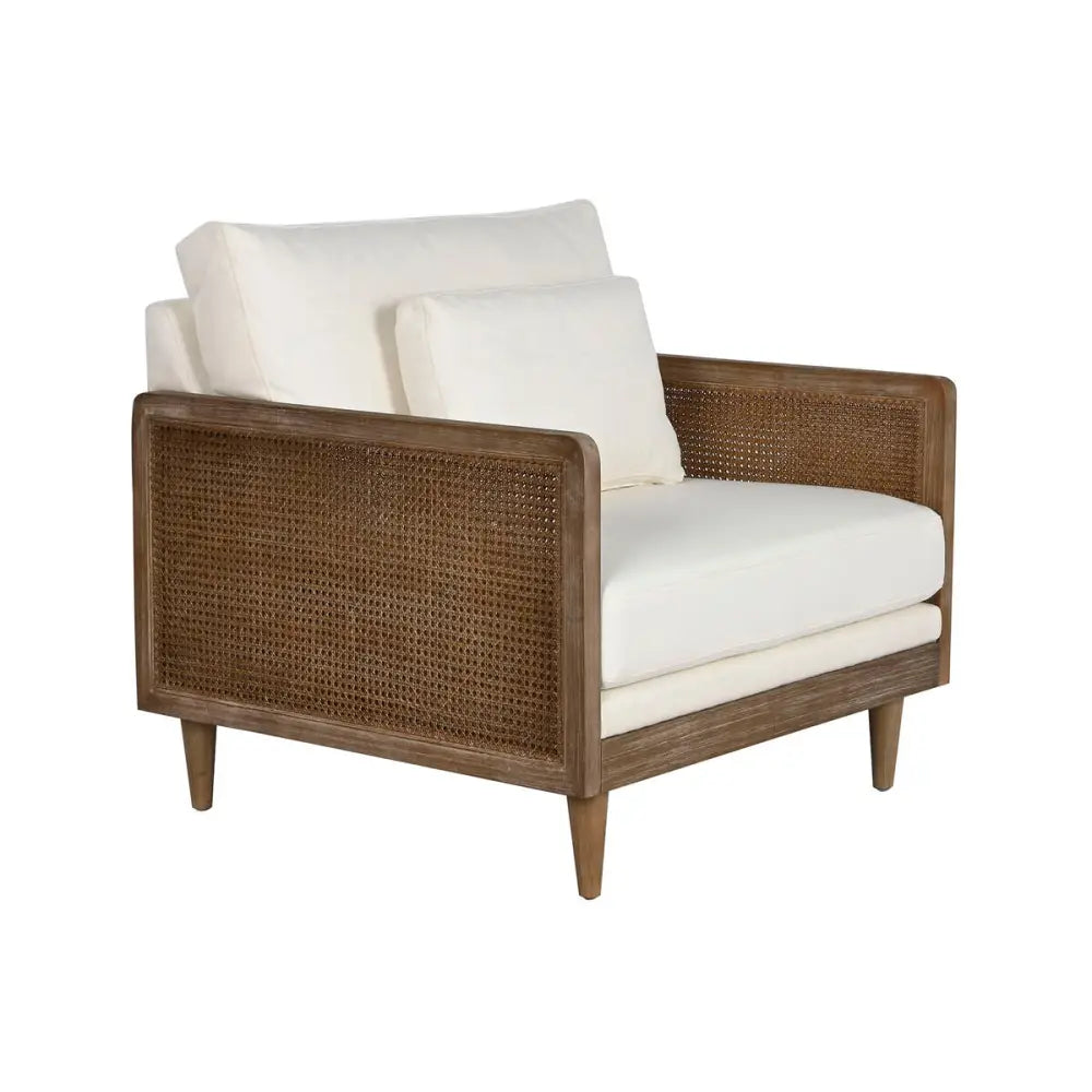 Hvit naturell lenestol Home Esprit med wicker og hvite puter, 93x86x88 cm