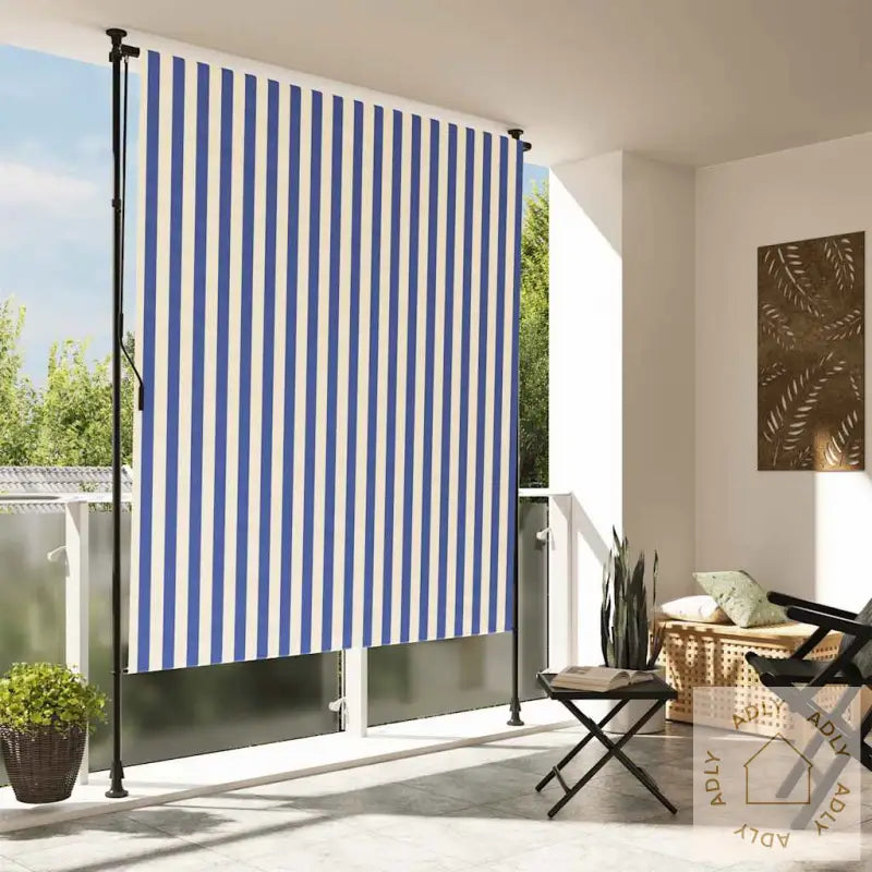 Utendørs Rullegardin Blå Og Hvit 150X270 Cm Stoff Og Stål