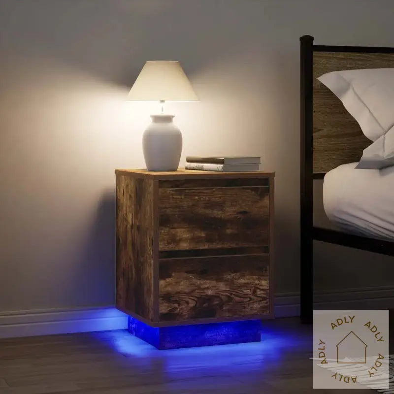 Nattskap Med Led-Lys 2 Stk Røkt Eik 38X34X50 Cm