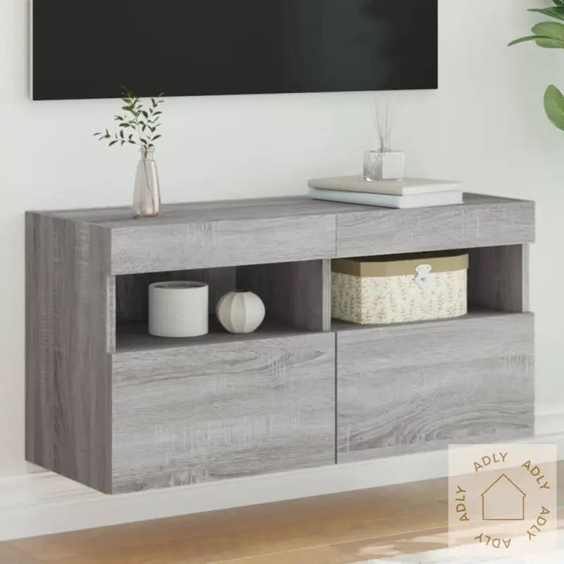 Vegghengt Tv-Benk Med Led Grå Sonoma 80X30X40 Cm