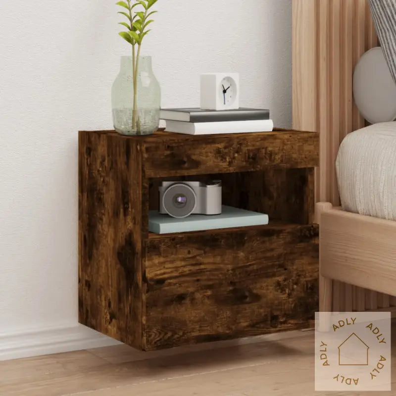 Vegghengt Tv-Benk Med Led-Lys Røkt Eik 40X30X40 Cm