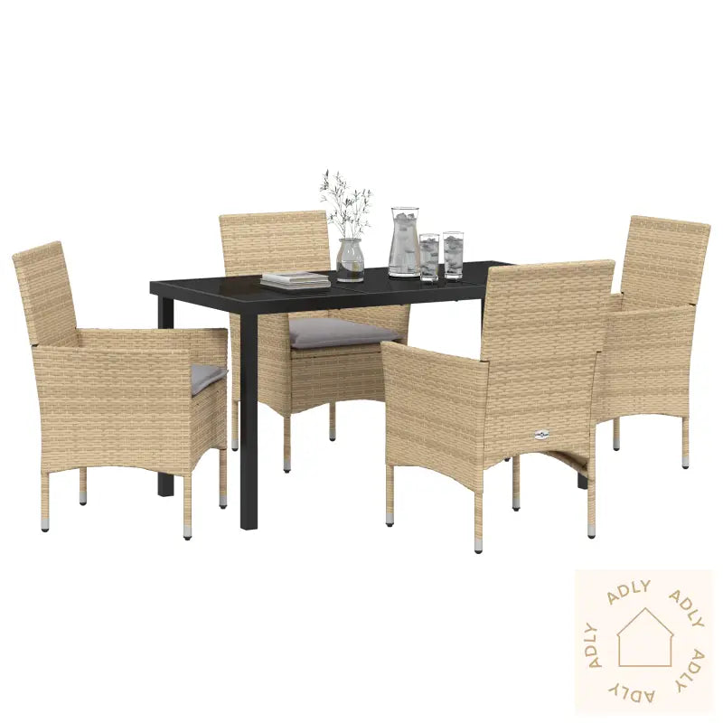 5-Delt Hage Spisesett Med Puter Beige Poly Rattan