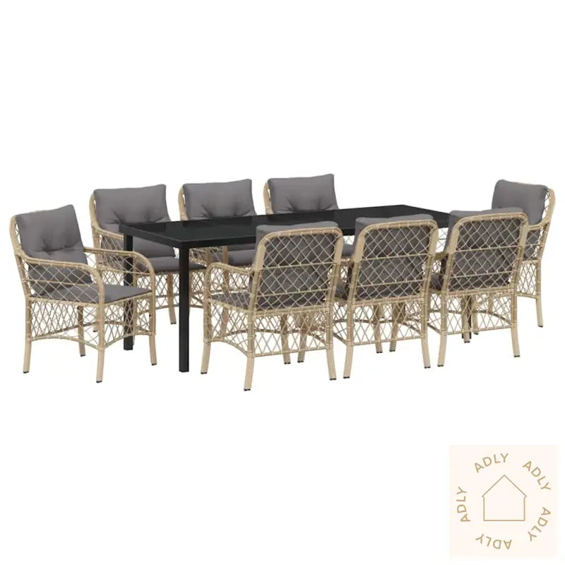 9-Personers Hage Spisebord Sett Med Puter Beige Poly Rattan
