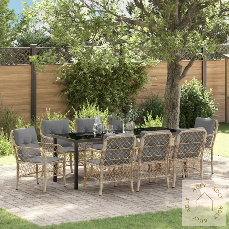 9-Personers Hage Spisebord Sett Med Puter Beige Poly Rattan
