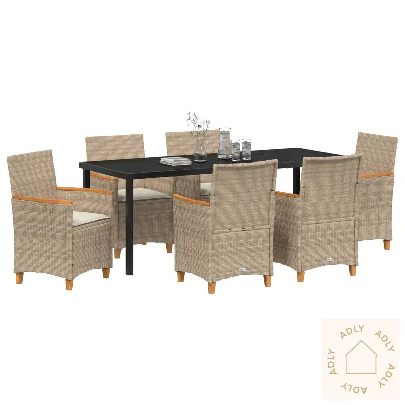 7-Delt Hage Spisebord Sett Med Puter I Beige Poly Rattan