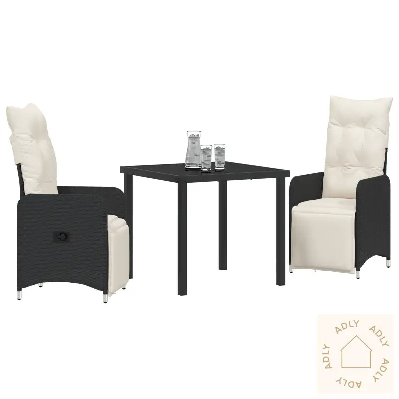 3 Delt Hage Spise Sett Med Puter Svart Poly Rattan
