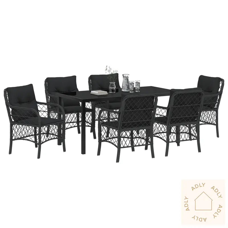 7 Delt Hage Spisesett Med Puter Svart Poly Rattan