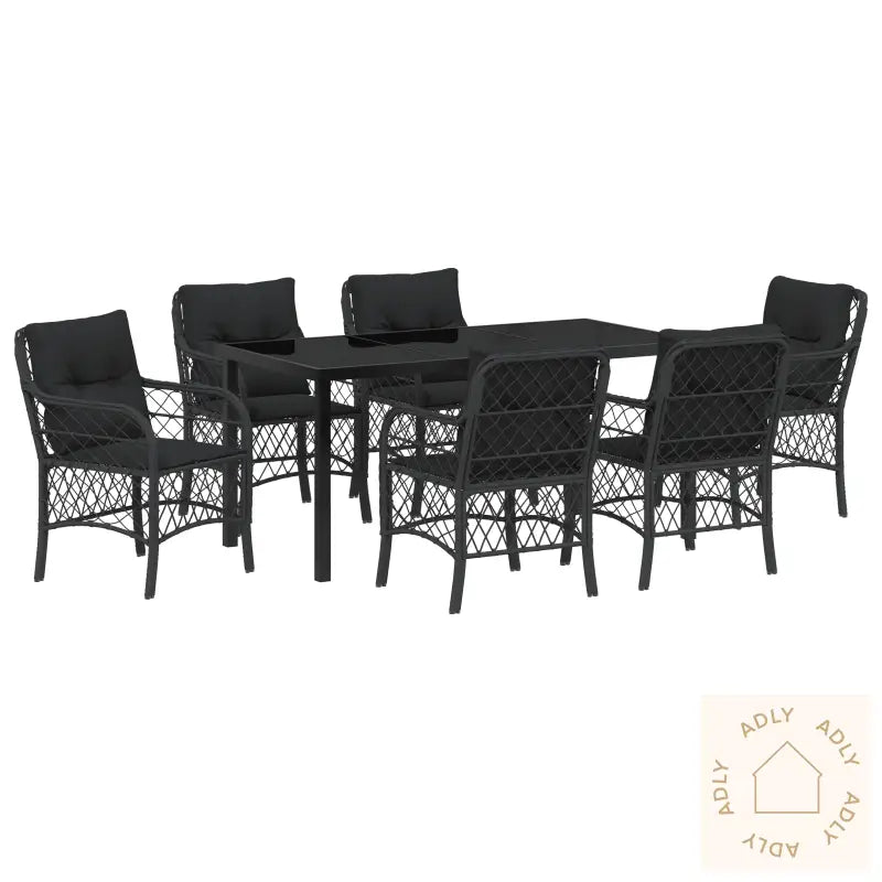 7 Delt Hage Spisesett Med Puter Svart Poly Rattan