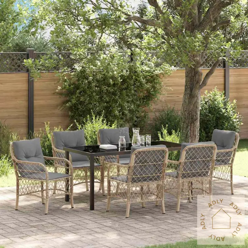 7-Delt Hage Spisesett Med Puter Beige Poly Rattan