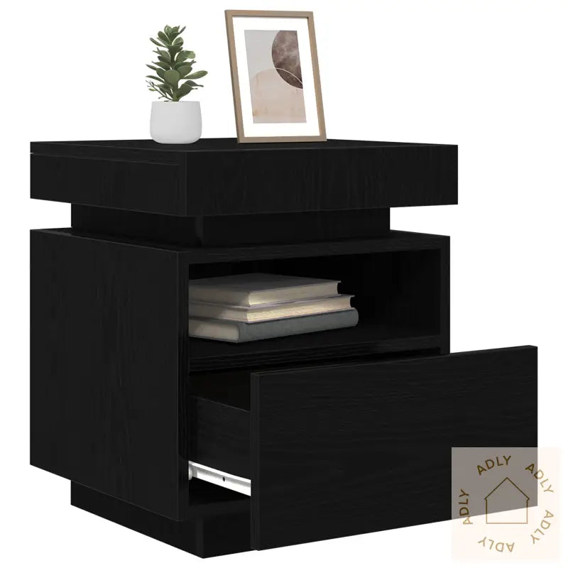 Nattbord Med Led-Lamper Svart Eik 40X39X48,5 Cm