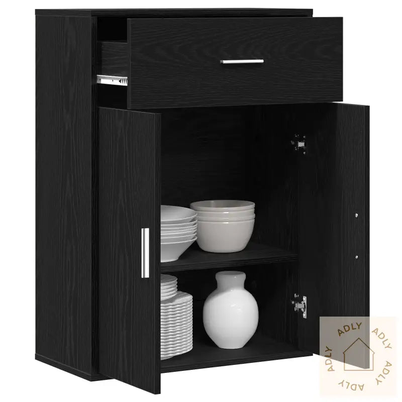 Serviesskap Med Skuff Med Hylle Svart Eik 79 X 38 X 80 Cm Konstruert Tre