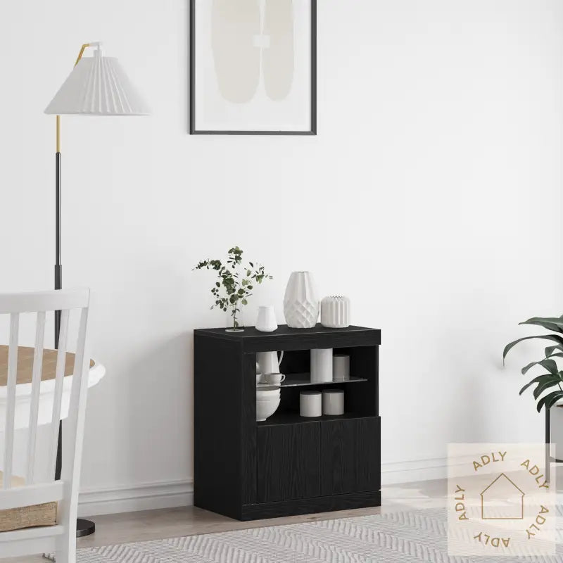Sideboard Med Led-Lamper Svart Eik 60,5X37X67 Cm