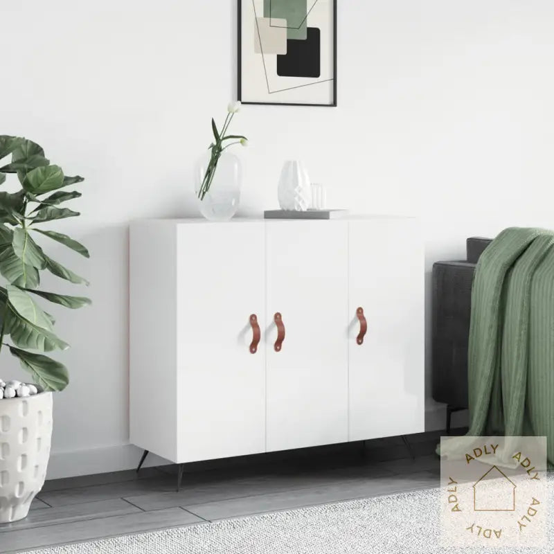 Skjenk Høyglans Hvit 90X34X80 Cm Konstruert Tre
