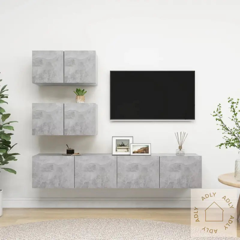Tv-Benksett 4 Deler Betonggrå Konstruert Tre