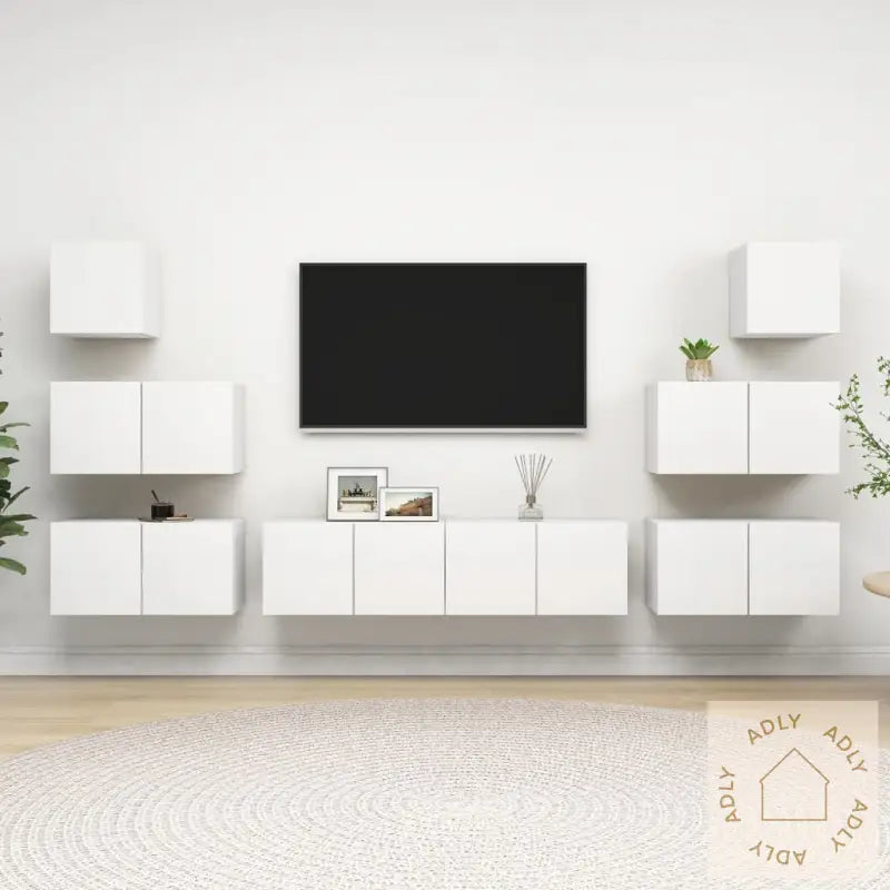 Tv-Benksett 8 Deler Hvit Konstruert Tre