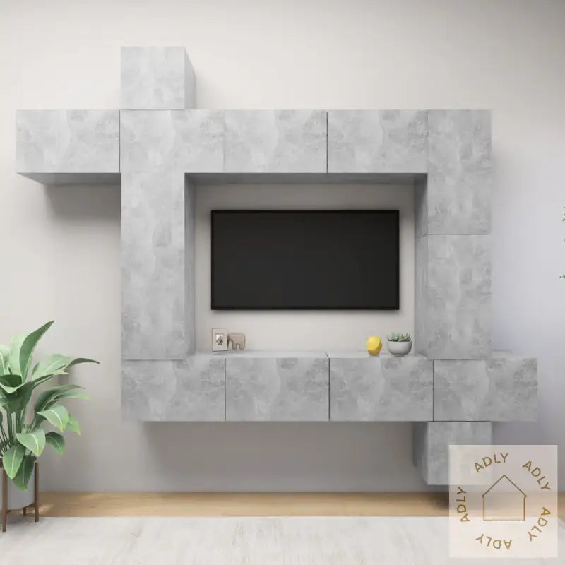 Tv-Benksett 9 Deler Betonggrå Konstruert Tre