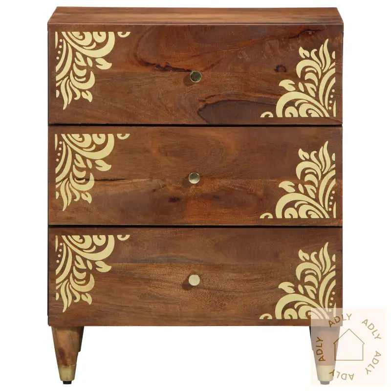 Nattbord Honningbrun Med Gullmønstre Solid Mangotre 50 X 33 X 62 Cm