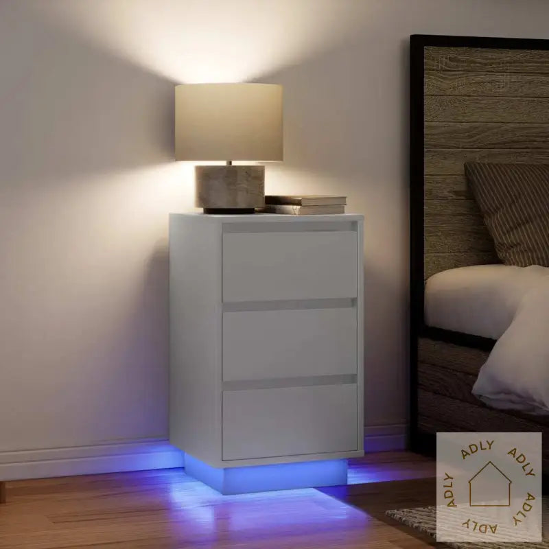Nattbord Med Led-Lys Hvit 38X34X65 Cm