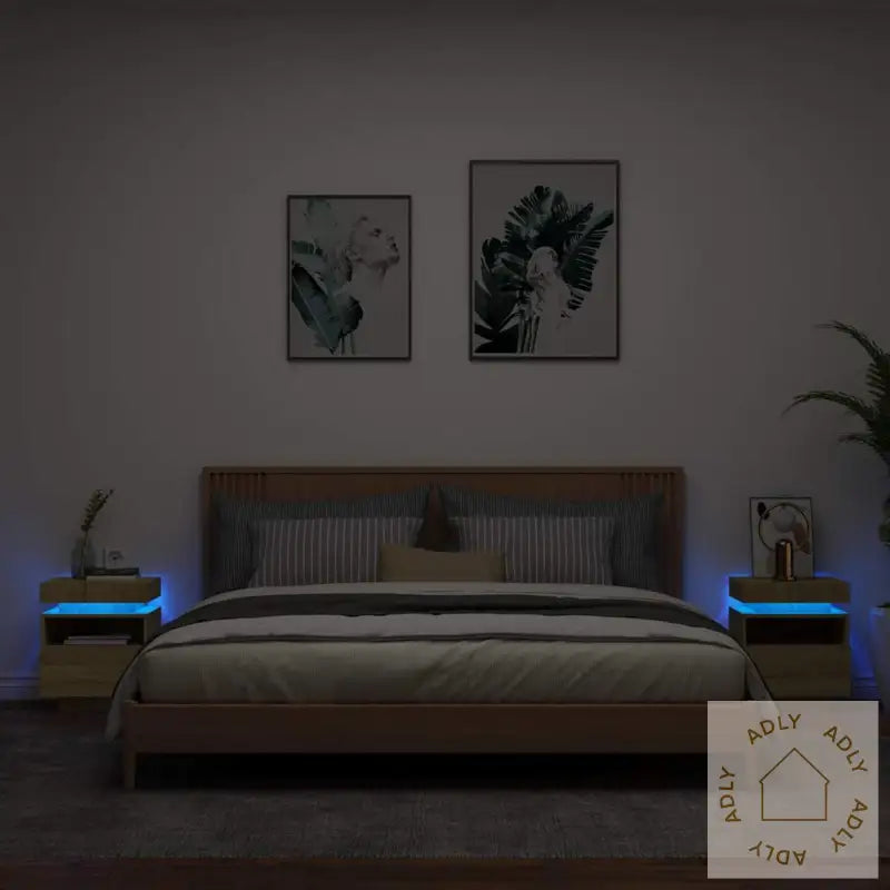 Nattbord Med Led 2 Stk Sonoma Eik 40X39X48,5 Cm