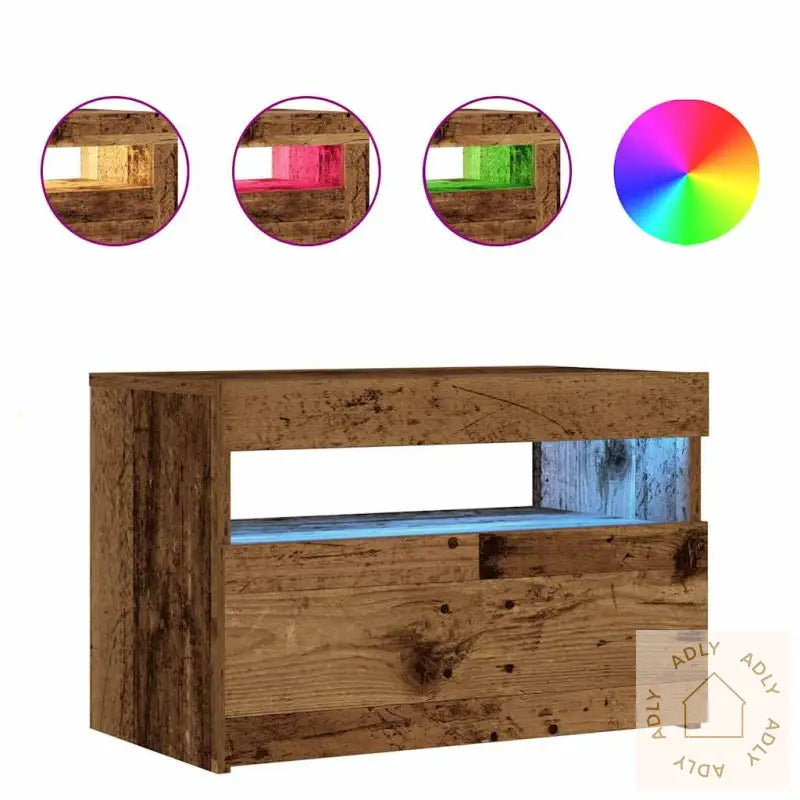 Nattbord Med Led-Lys Gammelt Tre 60X35X40 Cm Konstruert Tre