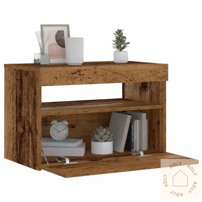 Nattbord Med Led-Lys Gammelt Tre 60X35X40 Cm Konstruert Tre