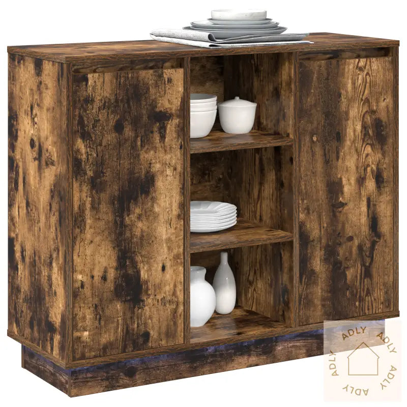Sideboard Med Led Røkt Eik 90X32X75 Cm Konstruert Tre