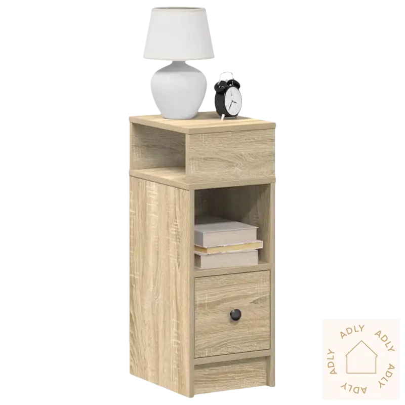 Nattbord sonoma eik i slitesterkt materiale med lampe og klokke foran