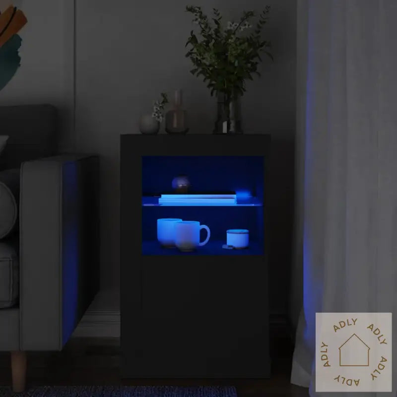 Sideskap Med Led-Lys Svart Konstruert Tre